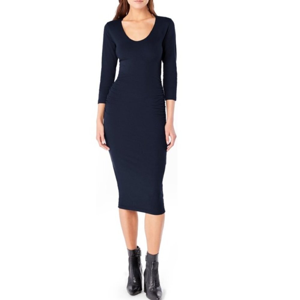 NEW Michael Stars Nocturnal Navy Ruched 3/4 Sleeve Midi Dress